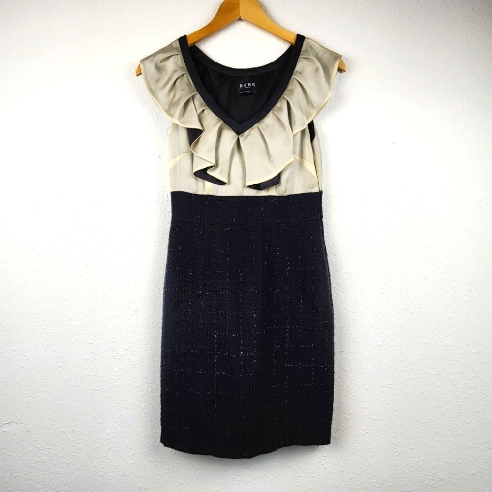 BCBG Paris Ruffled V-Neck Tweed Cocktail Dress Shiny Black Cream Career Size 2